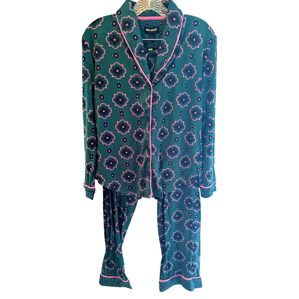 Room Service Pajama Set Small Teal Pink Medallion Long Sleeve Button Down PJs